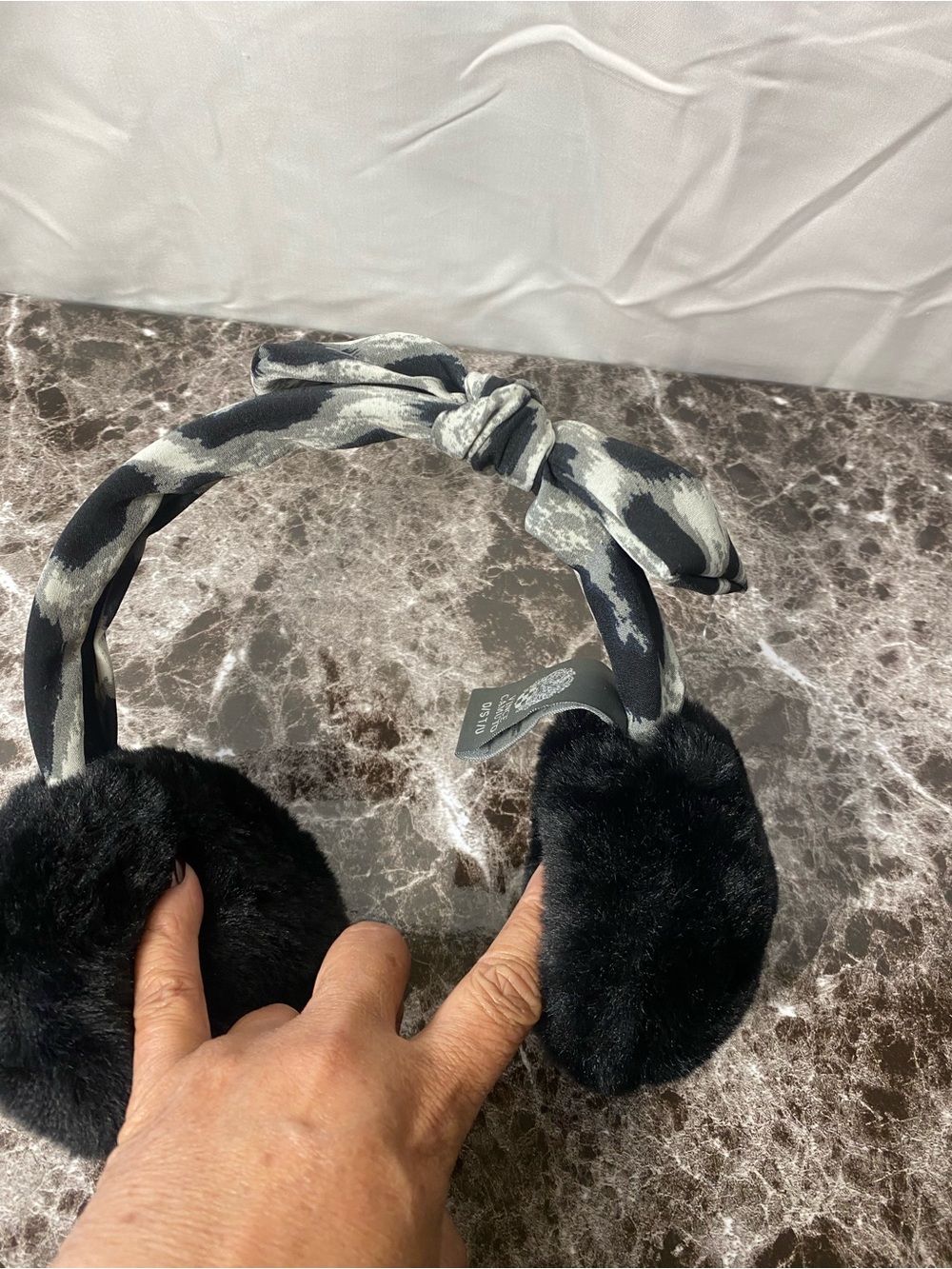 Vince Camuto Black Faux Fur Ear Muffs with Patterned Headband
